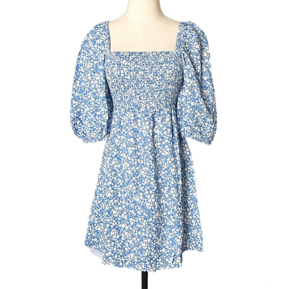 Tuckernuck Blue White Floral Smocked Puff Sleeve Linen Blend Mini Dress Small